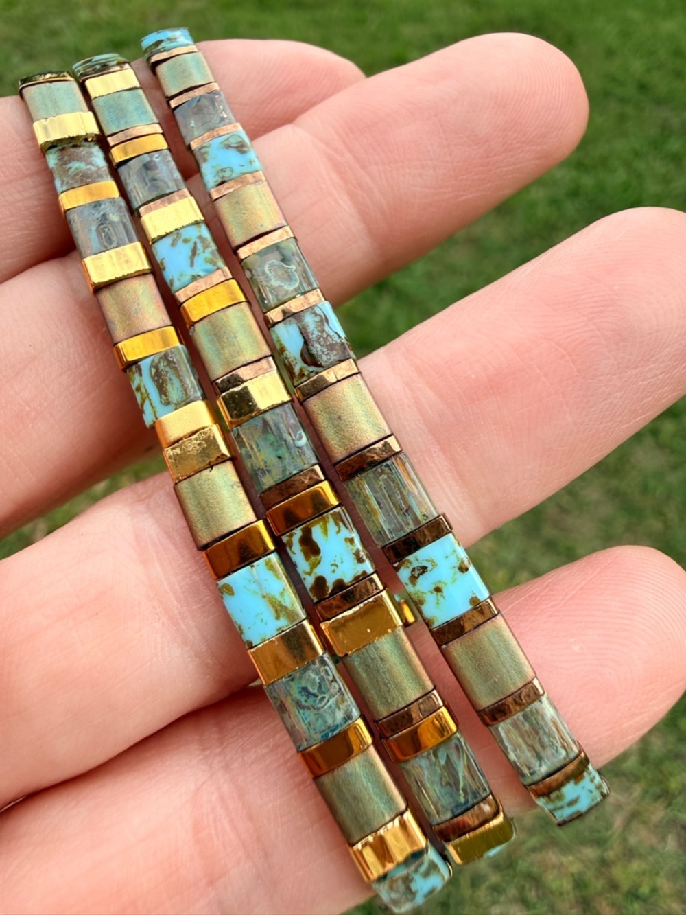 Turquoise and Gold Czech Glass Beaded Stretch Bracelet - Women Jewelry